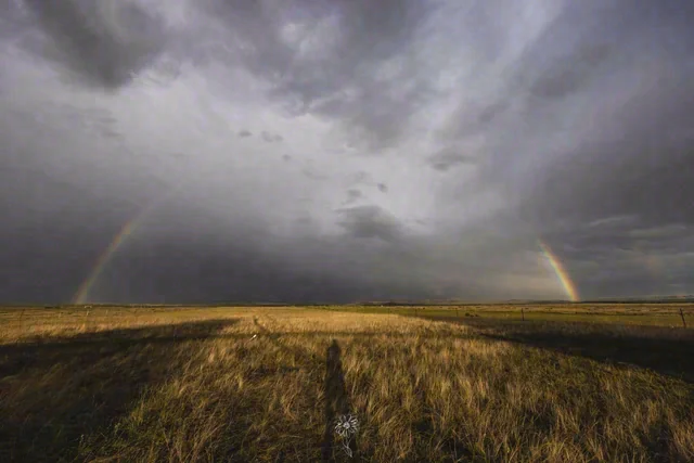 Two rainbows reach across a dark cloudy sky above a sunlit grassy field.