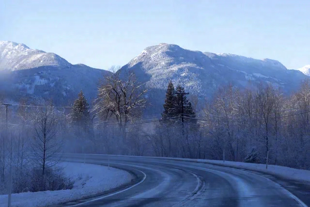 A curving road lies below snow-covered mountains and a line of trees beneath blue sky.