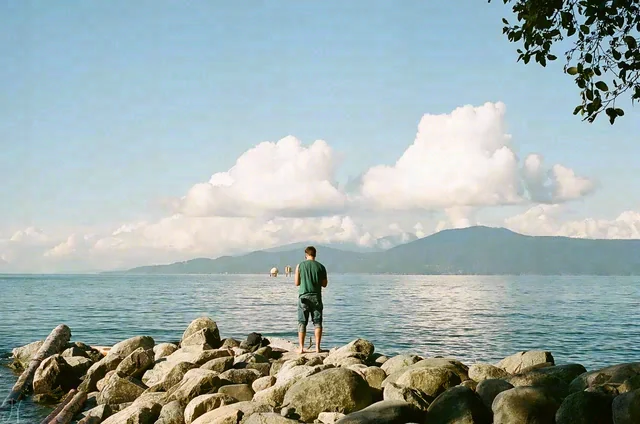 A person stands on a rocky shoreline beneath blue sky and white clouds, with mountains across the water.